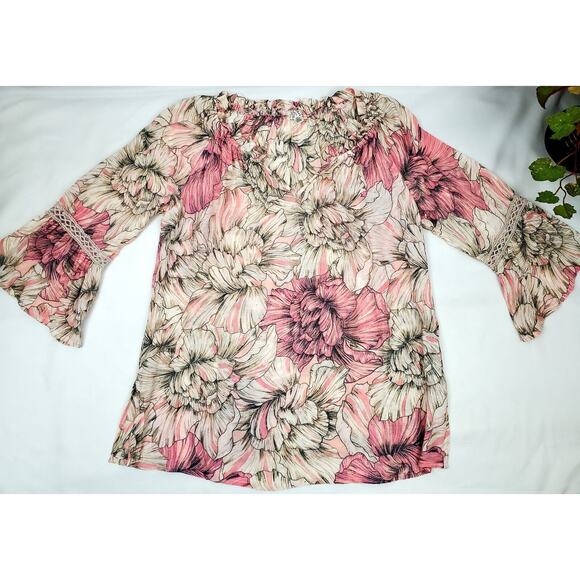 Spense Size S Pink Lace Boho Neck Lightweight Blouse Bell Sleeve Womens Small - Picture 10 of 12